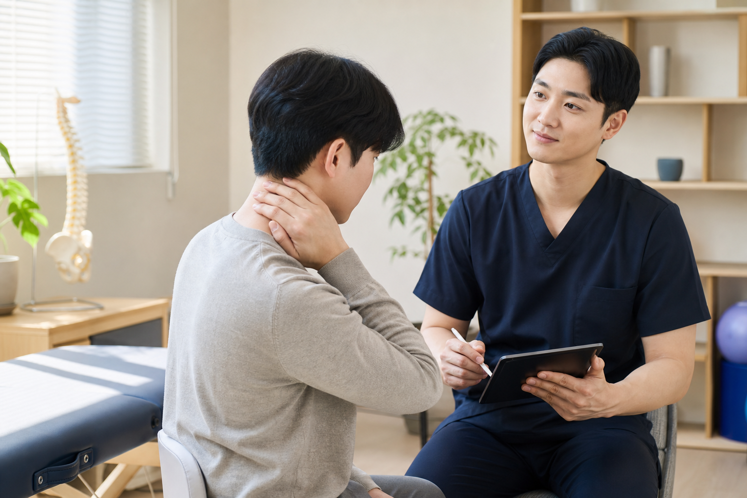 "목이랑 어깨가 늘 뭉치고 뒷골이 당겨요" — 거북목 근막통증후군과 경추 디스크, 팔 저림이 가른다