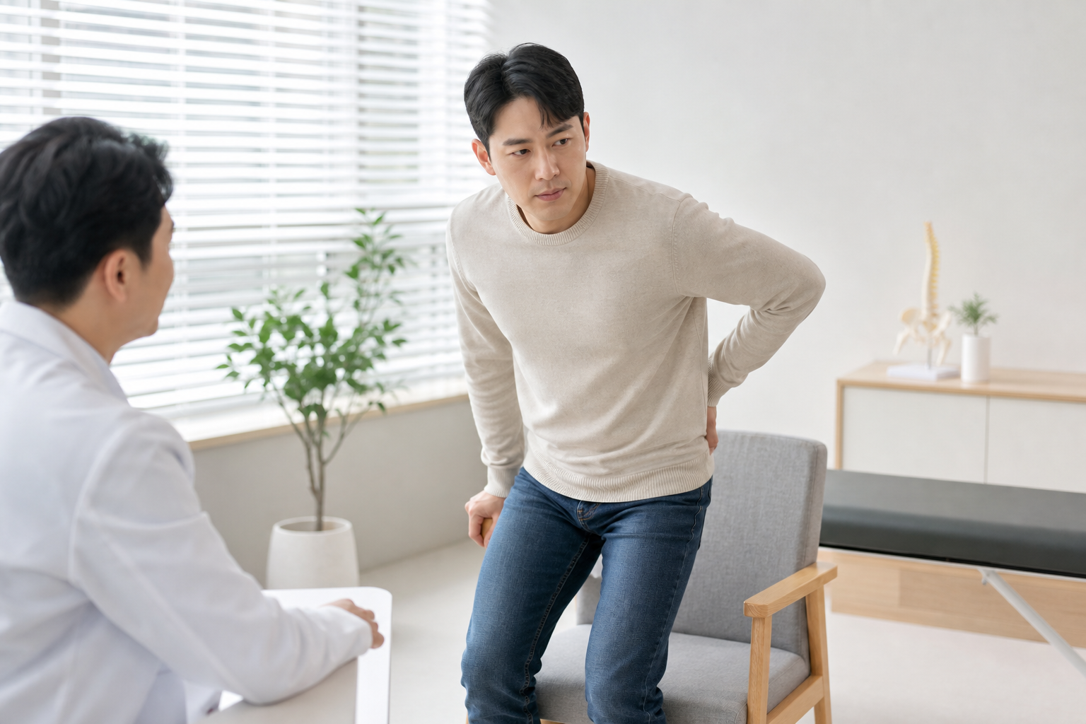 앉아 있다 일어설 때 다리가 당긴다면, 허리와 다리를 같이 봐야 하는 장면